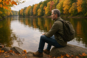 Forest trail along the river showing bellows falls hiking with scenic cliffs and peaceful nature views