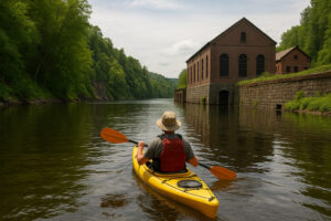Scenic riverfront and historic bridge view along the connecticut river bellows falls on a calm sunny day