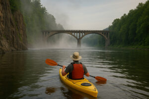 Scenic riverfront and historic bridge view along the connecticut river bellows falls on a calm sunny day