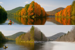Scenic riverfront and historic bridge view along the connecticut river bellows falls on a calm sunny day