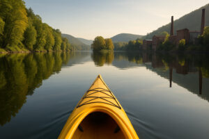 Scenic riverfront and historic bridge view along the connecticut river bellows falls on a calm sunny day