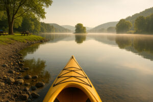Scenic riverfront and historic bridge view along the connecticut river bellows falls on a calm sunny day
