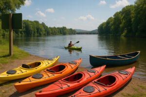 Scenic riverfront and historic bridge view along the connecticut river bellows falls on a calm sunny day