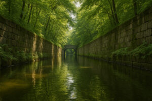 Scenic riverfront and historic bridge view along the connecticut river bellows falls on a calm sunny day