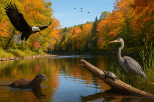 Scenic riverfront and historic bridge view along the connecticut river bellows falls on a calm sunny day
