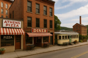 Exterior view of Athens Pizza Bellows Falls with welcoming storefront and local dining atmosphere