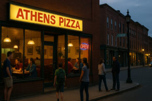 Exterior view of Athens Pizza Bellows Falls with welcoming storefront and local dining atmosphere