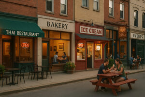 Exterior view of Athens Pizza Bellows Falls with welcoming storefront and local dining atmosphere
