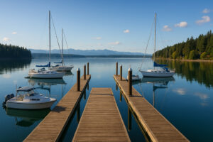 Sailboats docked at the peaceful Port Ludlow Marina surrounded by forested hills and calm blue water.