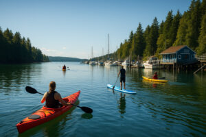 Sailboats docked at the peaceful Port Ludlow Marina surrounded by forested hills and calm blue water.