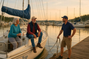 Sailboats docked at the peaceful Port Ludlow Marina surrounded by forested hills and calm blue water.