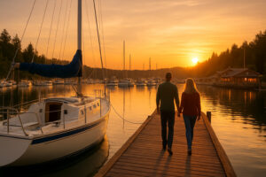 Sailboats docked at the peaceful Port Ludlow Marina surrounded by forested hills and calm blue water.