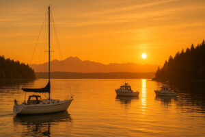 Sailboats docked at the peaceful Port Ludlow Marina surrounded by forested hills and calm blue water.
