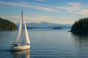 Sailboats docked at the peaceful Port Ludlow Marina surrounded by forested hills and calm blue water.