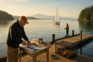 Sailboats docked at the peaceful Port Ludlow Marina surrounded by forested hills and calm blue water.