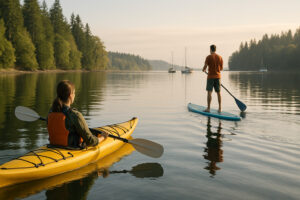 Sailboats docked at the peaceful Port Ludlow Marina surrounded by forested hills and calm blue water.