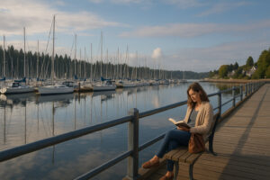 Sailboats docked at the peaceful Port Ludlow Marina surrounded by forested hills and calm blue water.