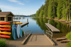 Sailboats docked at the peaceful Port Ludlow Marina surrounded by forested hills and calm blue water.