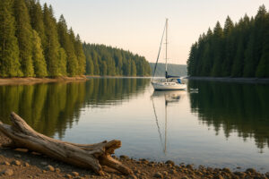 Sailboats docked at the peaceful Port Ludlow Marina surrounded by forested hills and calm blue water.