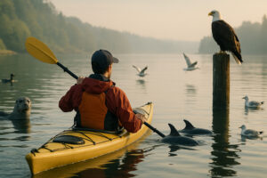 Sailboats docked at the peaceful Port Ludlow Marina surrounded by forested hills and calm blue water.