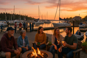 Sailboats docked at the peaceful Port Ludlow Marina surrounded by forested hills and calm blue water.