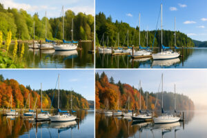 Sailboats docked at the peaceful Port Ludlow Marina surrounded by forested hills and calm blue water.