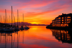 Sailboats docked at the peaceful Port Ludlow Marina surrounded by forested hills and calm blue water.