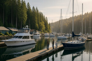 Sailboats docked at the peaceful Port Ludlow Marina surrounded by forested hills and calm blue water.