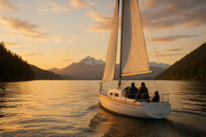 Sailboats docked at the peaceful Port Ludlow Marina surrounded by forested hills and calm blue water.