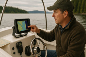 Sailboats docked at the peaceful Port Ludlow Marina surrounded by forested hills and calm blue water.
