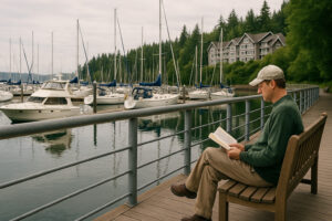 Sailboats docked at the peaceful Port Ludlow Marina surrounded by forested hills and calm blue water.