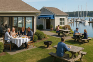Sailboats docked at the peaceful Port Ludlow Marina surrounded by forested hills and calm blue water.