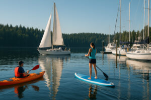 Sunny marina view and blooming coastal trails showing the best time to visit Port Ludlow during its vibrant spring and summer seasons.
