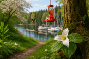Sunny marina view and blooming coastal trails showing the best time to visit Port Ludlow during its vibrant spring and summer seasons.