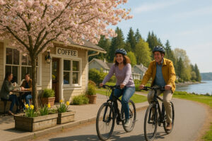 Sunny marina view and blooming coastal trails showing the best time to visit Port Ludlow during its vibrant spring and summer seasons.