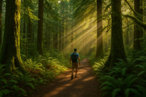 Sunny marina view and blooming coastal trails showing the best time to visit Port Ludlow during its vibrant spring and summer seasons.