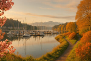 Sunny marina view and blooming coastal trails showing the best time to visit Port Ludlow during its vibrant spring and summer seasons.