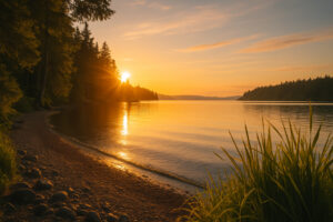Sunny marina view and blooming coastal trails showing the best time to visit Port Ludlow during its vibrant spring and summer seasons.