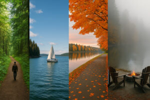 Sunny marina view and blooming coastal trails showing the best time to visit Port Ludlow during its vibrant spring and summer seasons.