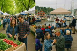 Sunny marina view and blooming coastal trails showing the best time to visit Port Ludlow during its vibrant spring and summer seasons.