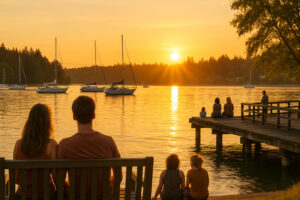 Sunny marina view and blooming coastal trails showing the best time to visit Port Ludlow during its vibrant spring and summer seasons.