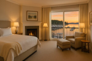 Waterfront view of the marina and the Inn at Port Ludlow, one of the best hotels in Port Ludlow, Washington.