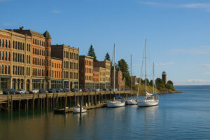 Waterfront view of the marina and the Inn at Port Ludlow, one of the best hotels in Port Ludlow, Washington.