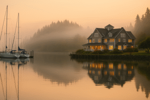 Waterfront view of the marina and the Inn at Port Ludlow, one of the best hotels in Port Ludlow, Washington.