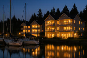Waterfront view of the marina and the Inn at Port Ludlow, one of the best hotels in Port Ludlow, Washington.