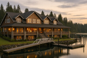 Waterfront view of the marina and the Inn at Port Ludlow, one of the best hotels in Port Ludlow, Washington.