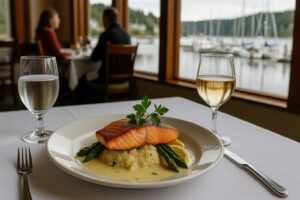 Waterfront view of the marina and the Inn at Port Ludlow, one of the best hotels in Port Ludlow, Washington.