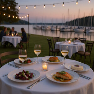 Waterfront dining scene showcasing fresh seafood and local cuisine at popular restaurants in Port Ludlow, Washington.