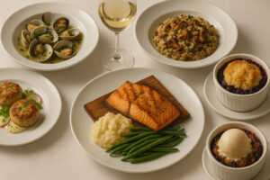 Waterfront dining scene showcasing fresh seafood and local cuisine at popular restaurants in Port Ludlow, Washington.