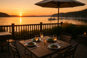Waterfront dining scene showcasing fresh seafood and local cuisine at popular restaurants in Port Ludlow, Washington.